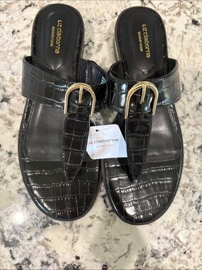 Liz Claiborne Black Croc-Embossed Thong Sandals with Gold Buckles